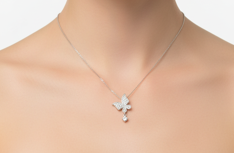 عقد الفراشة الفضّي المرصّع