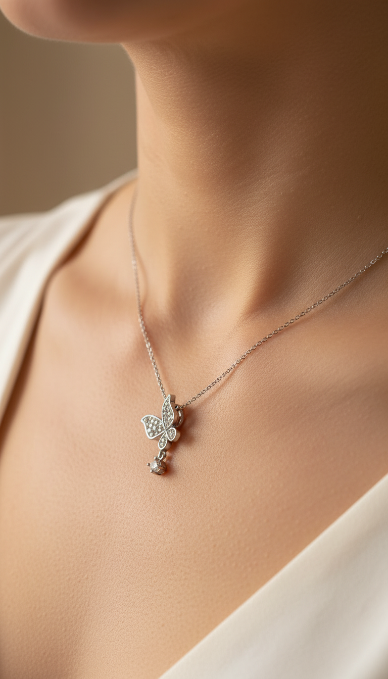 عقد الفراشة الفضّي المرصّع