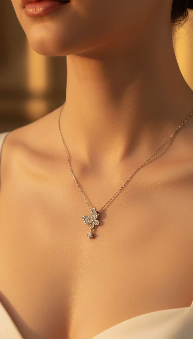 عقد الفراشة الفضّي المرصّع